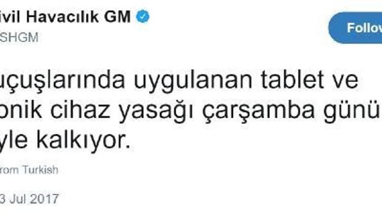 SHGM: Elektronik cihaz yasağı yarın kalkıyor