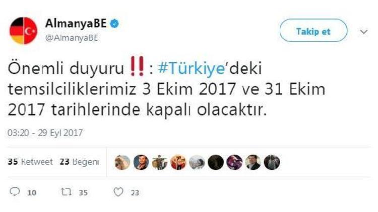 Almanya Büyükelçiliği: Türkiyedeki temsilciliklerimiz 3 Ekim ve 31 Ekim tarihlerinde kapalı olacak (2) - (Yeniden)