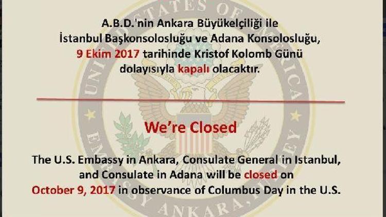 ABD Büyükelçiliği ve konsoloslukları Kristof Kolomb Günü nedeniyle kapalı