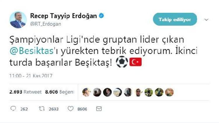 Cumhurbaşkanı Erdoğan, Beşiktaşı kutladı