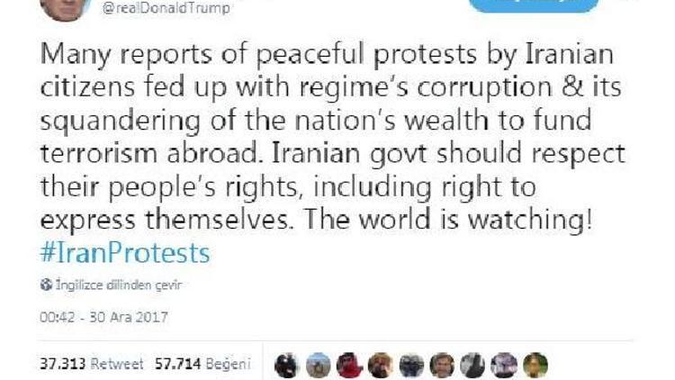 Trump’dan İran protestolarına destek tweeti