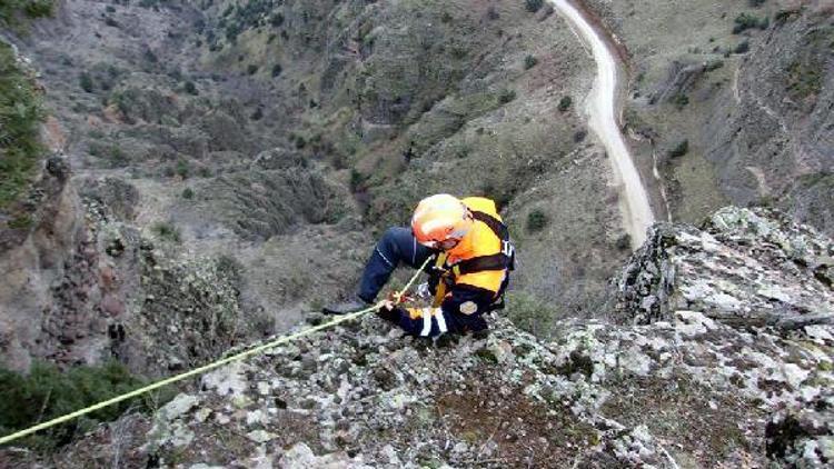 Uçurumda mahsur kalan 4 keçiye halatlı kurtarma