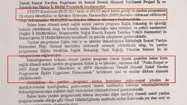 Verem ve SSPE hastalarına tedavi ve bakım için ayda 1683 TL