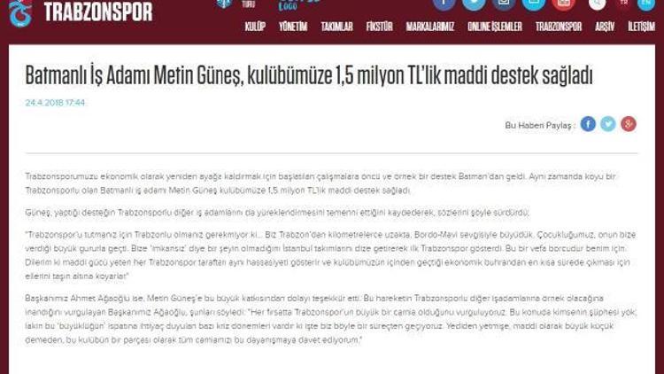 Batmanlı iş adamından Trabzonspor’a 1.5 milyon TL’lik destek