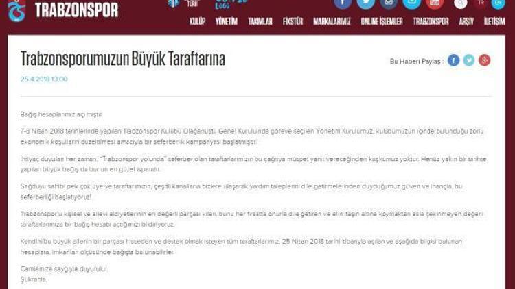 Trabzonspordan ekonomik seferberlik çağrısı