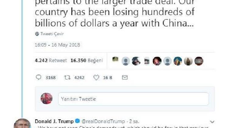 Trump: Çin taleplerimizi gördü ve bir şeyler verme sırası onlarda