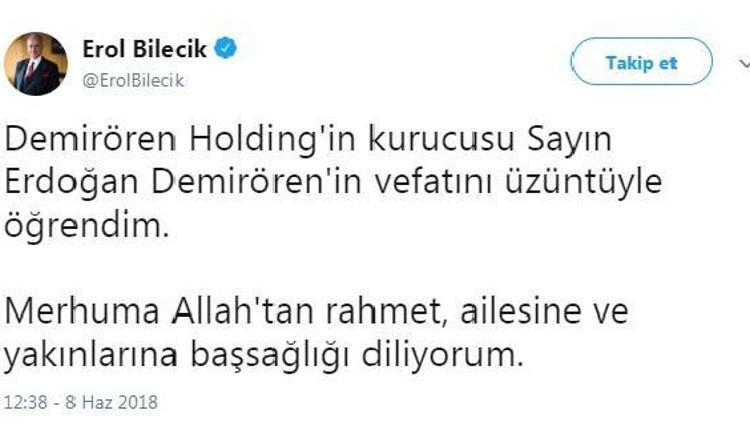 TÜSİAD Başkanı Bilecikten Erdoğan Demirören için başsağlığı mesajı