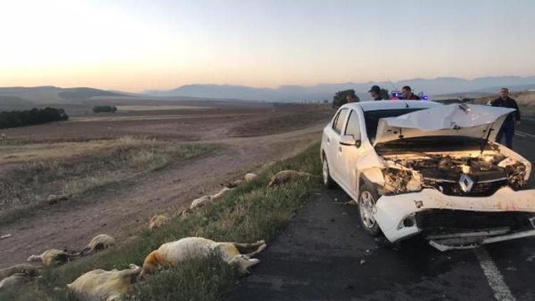 Sürüye çarpan otomobildeki 3 kişi yaralandı, 20 koyun telef oldu