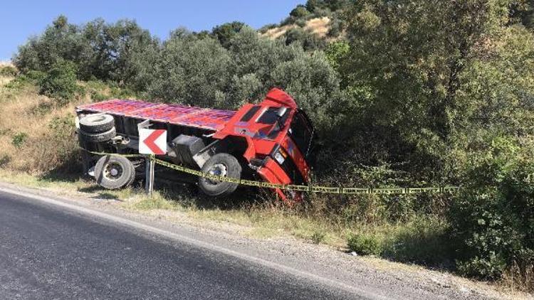 Ayvacıkta odun yüklü kamyon şarampole devrildi