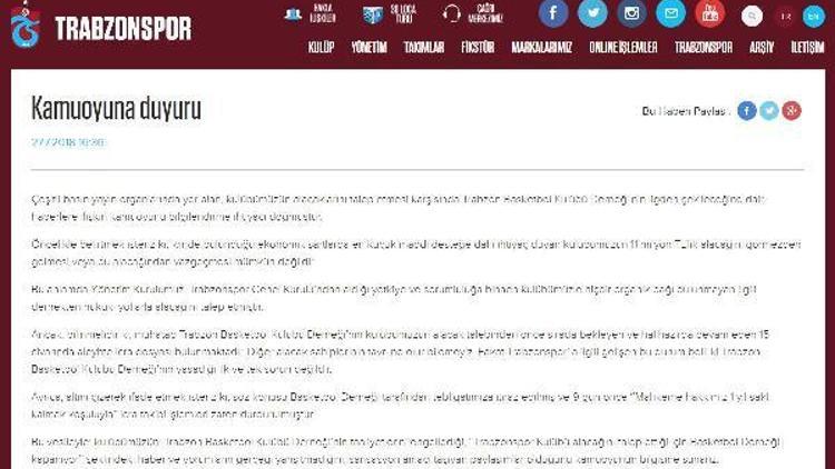 Trabzonspor’dan Basketbol Derneği açıklaması