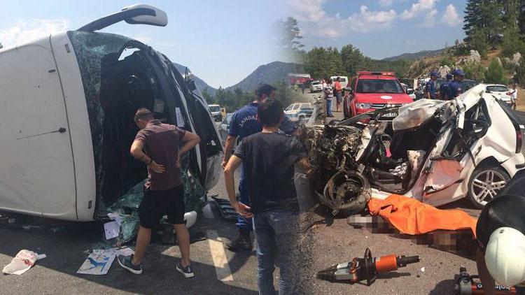 Antalyada turist otobüsü ile iki otomobil çarpıştı... Ölü ve yaralılar var