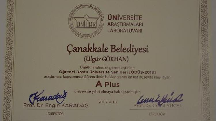 Çanakkale Belediyesine A Plus ödülü