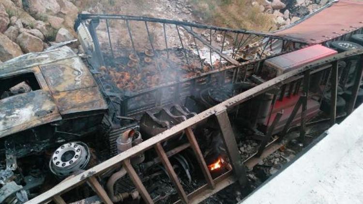 Köprüden dereye devrilen TIR alev aldı; sürücü öldü