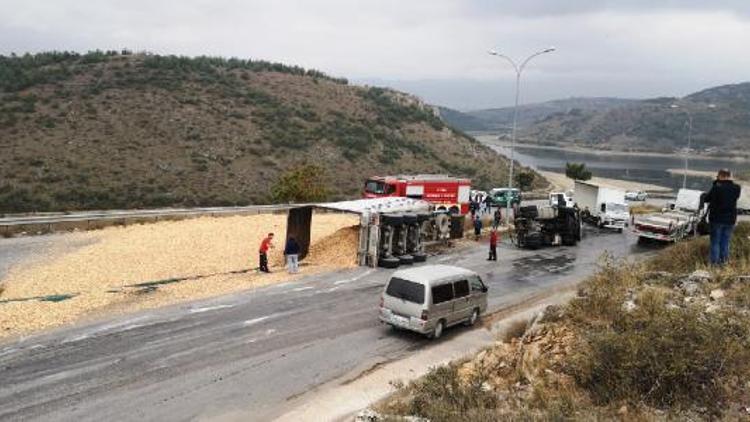Talaş yüklü TIR devrildi; yol trafiğe kapandı