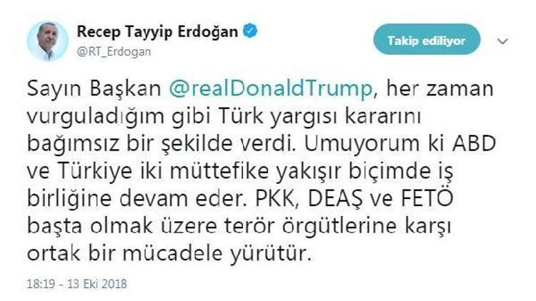 Erdoğandan Trumpa yanıt