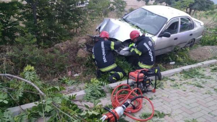 Otomobil refüjdeki ağaçlara çarptı; sürücü yaralı