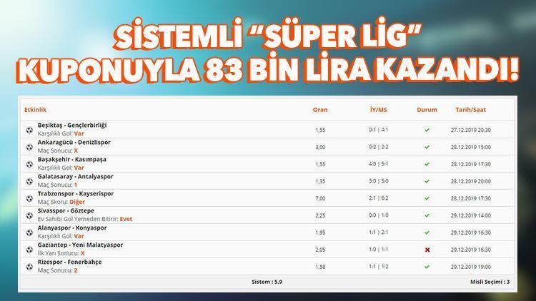 Efsane Süper Lig iddaa kuponu Sistemli oynadı, 83 bin lira kazandı...