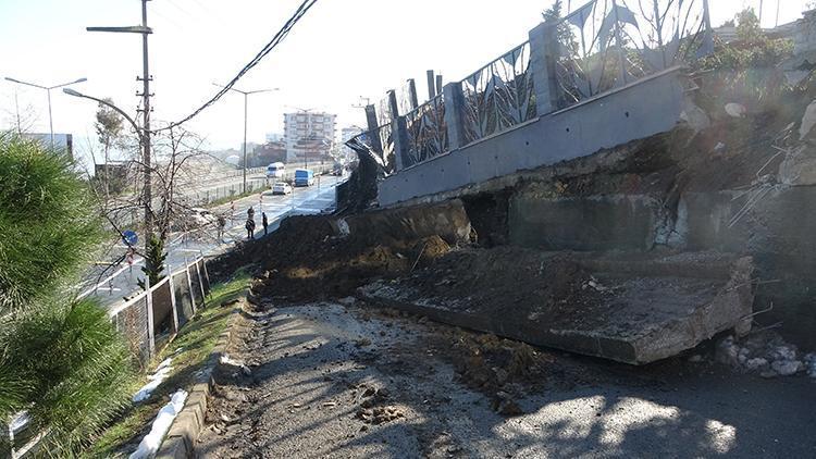 Trabzonda karayolunun duvarı çöktü