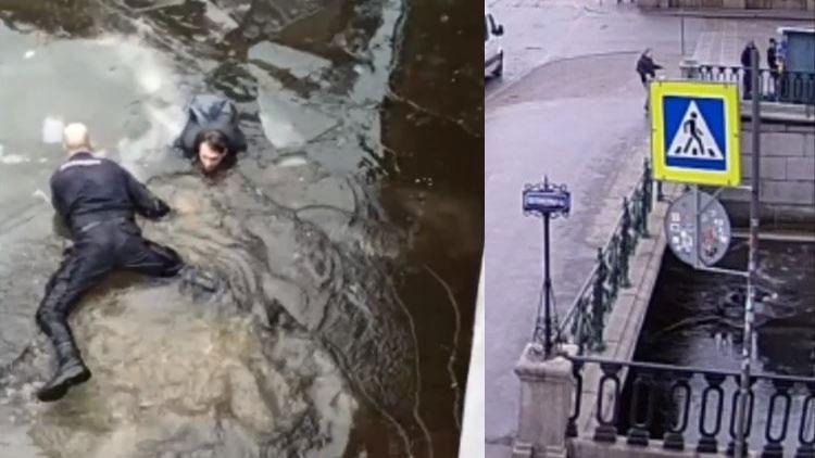 Rusyada nehre düşen genci polis kurtardı