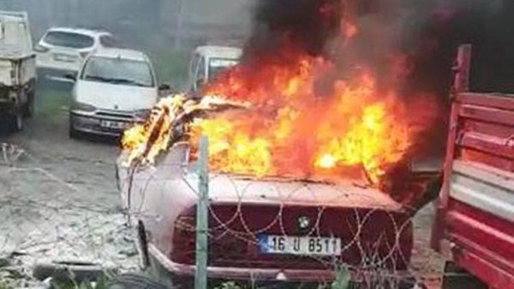 Tamirciye getirilen otomobil alev alev yandı