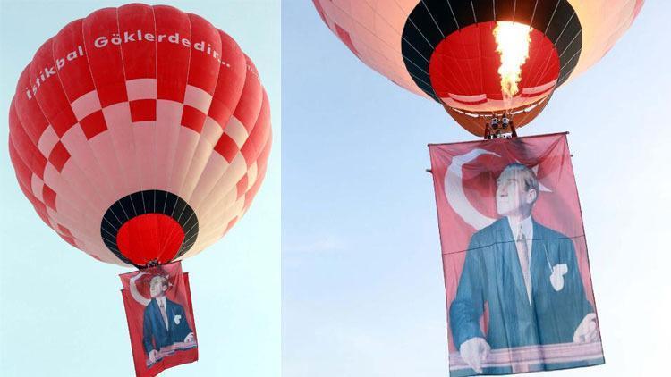 Türkiyenin ilk yerli sıcak hava balonu, Atatürk posteri ve Türk bayrağı ile havalandı