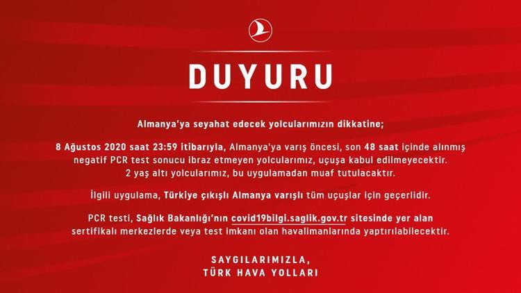 THY’den Almanya’ya seyahat edecek yolculara ‘PCR testi’ uyarısı