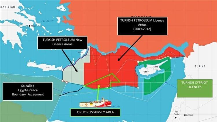 Oruç Reis gemisi hangi bölgede faaliyet gösteriyor Dışişleri Bakanlığı, Oruç Reisin faaliyet sahasını gösteren haritayı paylaştı
