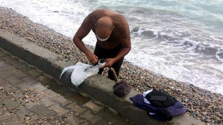 Denizde, çuvala dolanan yavru deniz kaplumbağası kurtarıldı