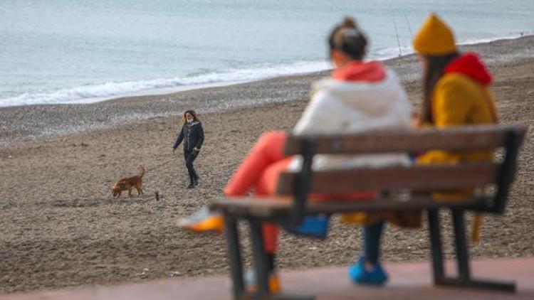 Denizin havadan sıcak olduğu Antalyada sahil, turistlere ve martılara kaldı