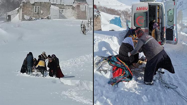 75 yaşındaki hasta, karlı yolda ambulansa kızakla taşındı