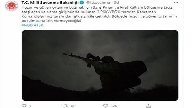MSB: 3 PKK/YPGli terörist etkisiz hale getirildi