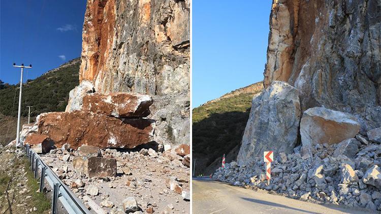 Heyelanda yolu kapatan dev kaya, 15 saatlik çalışmayla kırıldı