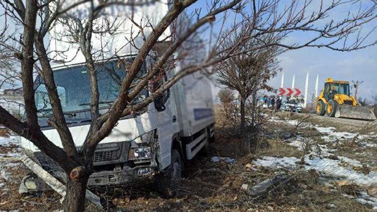 Buzlanan yolda kontrolden çıkan kamyonet, ağaca çarparak durdu