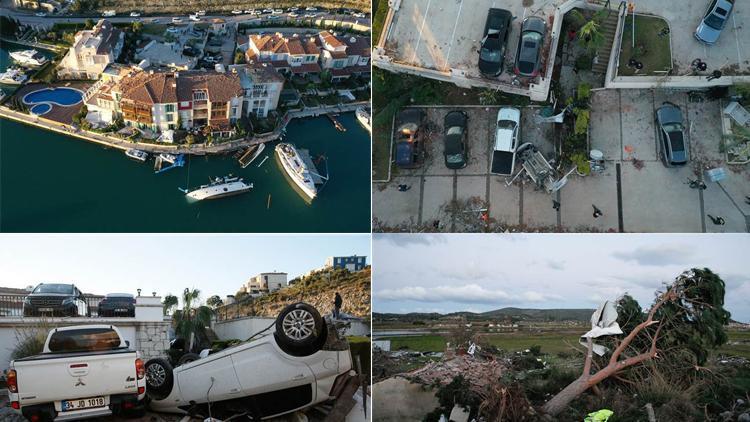 Çeşmede hortum felaketinin ardından vatandaşlar temizlik yapıyor 2 tonluk arabaların havalanıp sağa sola fırlaması çok şaşırttı