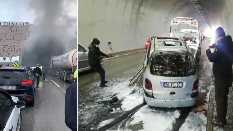 Tünelde seyir halindeki otomobilde yangın çıktı