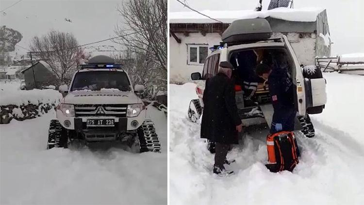 Yolu kardan kapanan köydeki diyaliz hastasına paletli ambulansla ulaşıldı