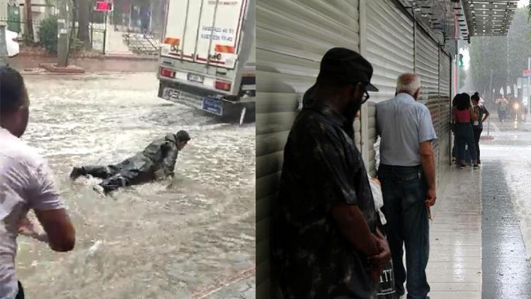 Adanayı 15 dakikalık sağanak vurdu Yolda biriken suya atladı, görenler şaştı kaldı