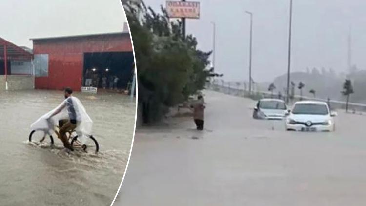 Hatay’da cadde ve sokaklar göle döndü Araçlar mahsur kaldı