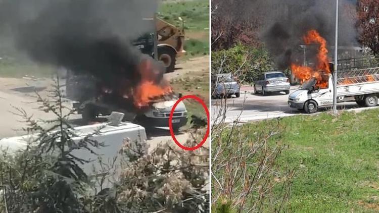 Ankarada seyir halinde yanan kamyoneti böyle durdurdu: Araçtan atlayıp tekerine taş koydu