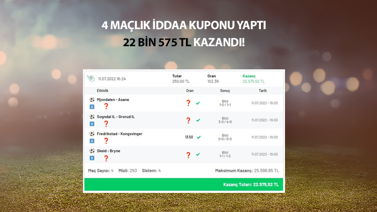 4 maçlık iddaa kuponu yaptı, 22 bin 575 TL kazandı Tüm maçlar Norveç Liginden...