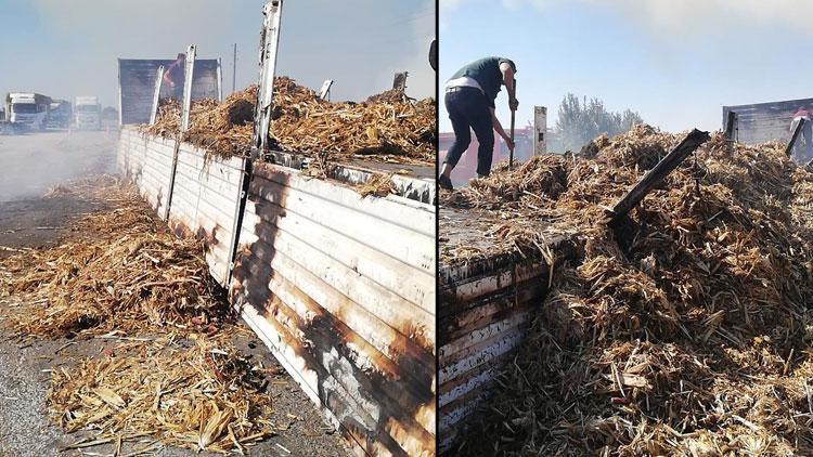 Anız ateşi seyir halindeki TIRa sıçradı... Onlarca saman balyası kül oldu