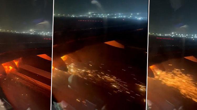 Hindistanda yolcu uçağının motoru alev aldı... Panik dolu anlar yolcu kamerasında