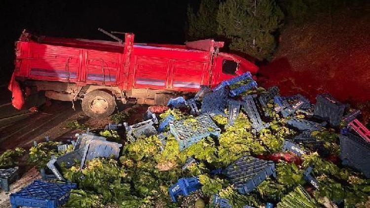 Freni boşalan kamyon yol kenarında kayaya çarptı; 2 yaralı