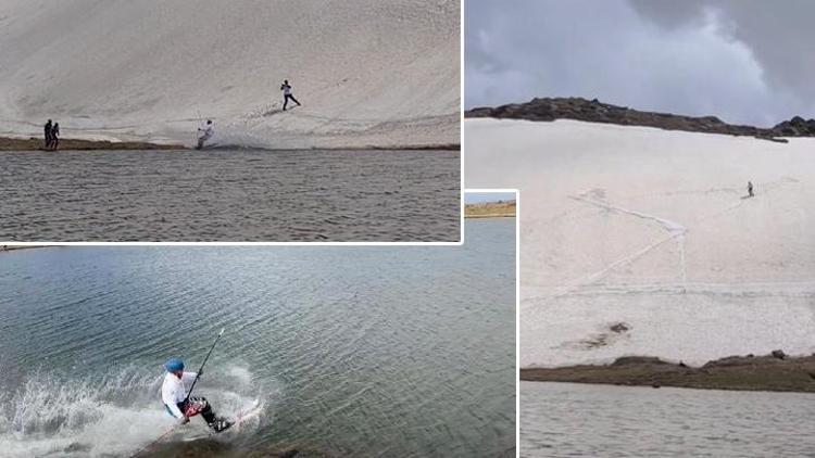 Motosikleti ile karlı dağlara çıktı, kayak yaparak göle indi