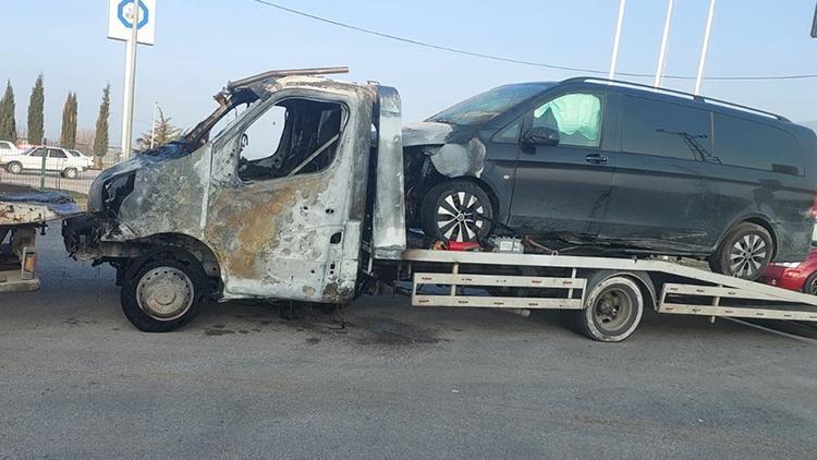 BBP Genel Başkanı Mustafa Destici’nin kaza yapan makam aracını taşıyan çekici Amasya’da yandı