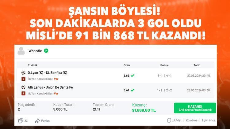 Son dakika golleriyle 91 bin 868 TL kazandı 2 maçlık iddaa kuponu...