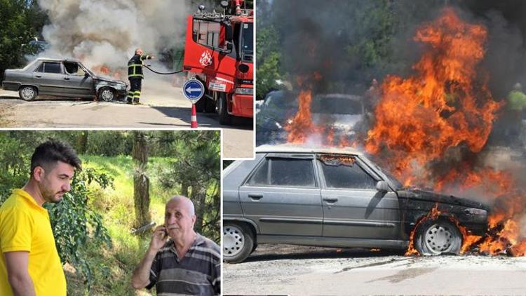 Karabükte torununu sınava getirdikten sonra otomobil alev topuna döndü Araç sahibi gözyaşlarına boğuldu