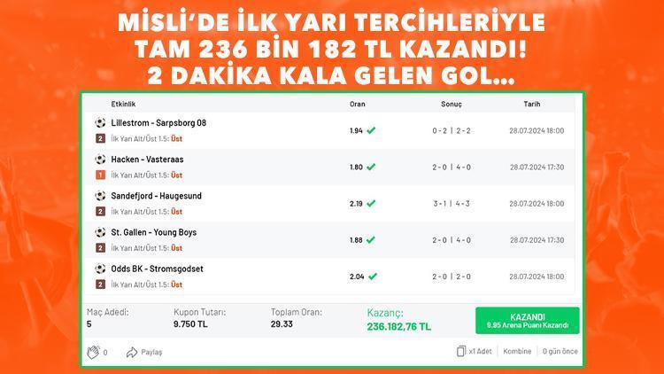 Devreye 2 dakika kala gelen golle 236 bin 182 TL kazandı 5 maçlık iddaa kuponu...