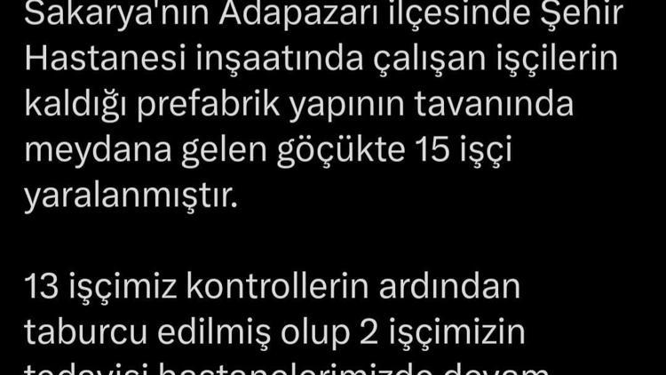 Sakarya Şehir Hastanesi inşaatındaki göçükte yaralanan 15 işçiden 13ü taburcu oldu