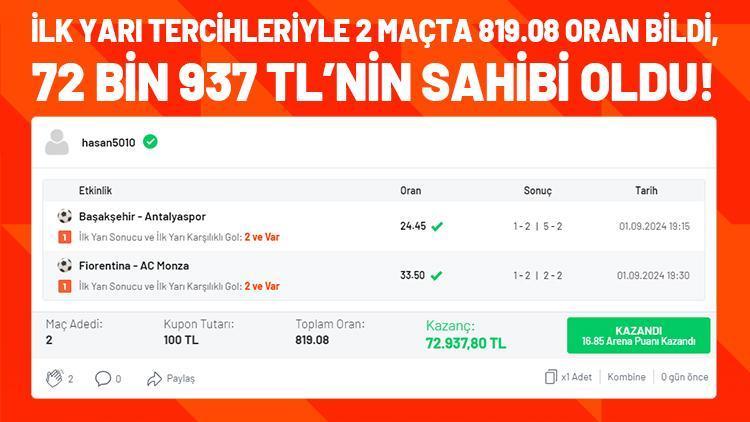 45 dakikada 72 bin 937 TL kazandı 2 maçta 819 iddaa oranı...